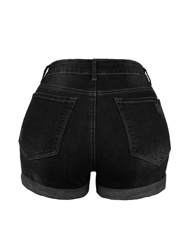 Heidi-Mode | Damen Stretch Mittelhohe Denim-Shorts mit Löchern