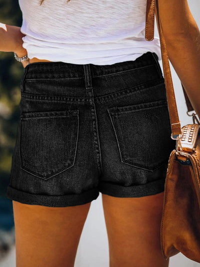 Heidi-Mode | Damen Stretch Mittelhohe Denim-Shorts mit Löchern