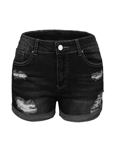 Heidi-Mode | Damen Stretch Mittelhohe Denim-Shorts mit Löchern