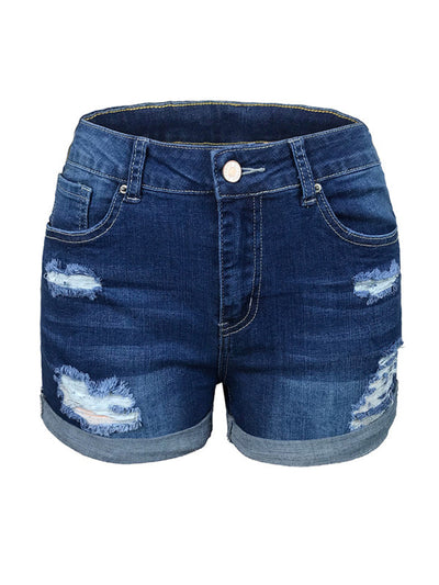 Heidi-Mode | Damen Stretch Mittelhohe Denim-Shorts mit Löchern