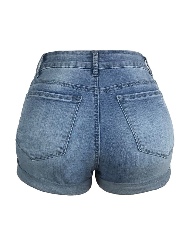 Heidi-Mode | Damen Stretch Mittelhohe Denim-Shorts mit Löchern
