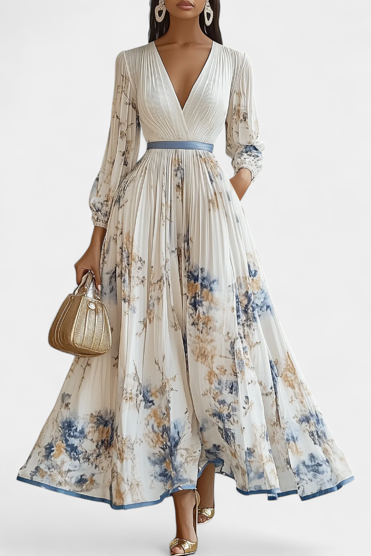 Phaedra Langes Plissiertes Chiffonkleid mit Puffärmeln