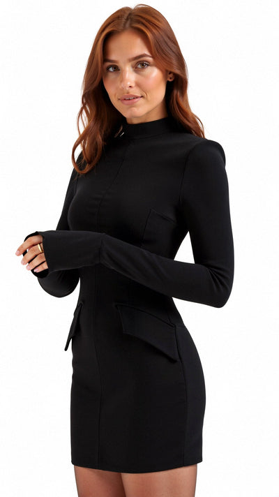 Elegantes Etuikleid Schwarz | Businesskleid mit Langarm
