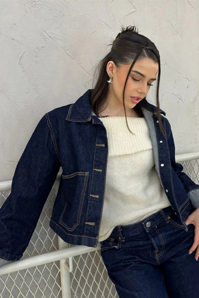 Damen-Denim-Set – Cropped Jeansjacke & High-Waist Minirock mit Umschlag