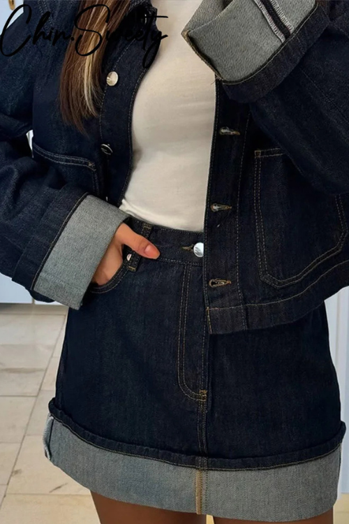 Damen-Denim-Set – Cropped Jeansjacke & High-Waist Minirock mit Umschlag