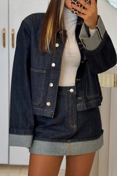 Damen-Denim-Set – Cropped Jeansjacke & High-Waist Minirock mit Umschlag