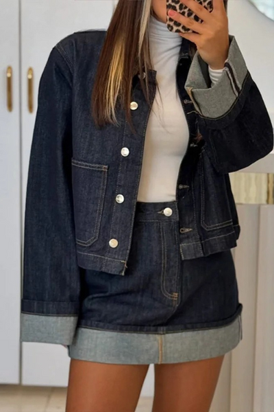 Damen-Denim-Set – Cropped Jeansjacke & High-Waist Minirock mit Umschlag