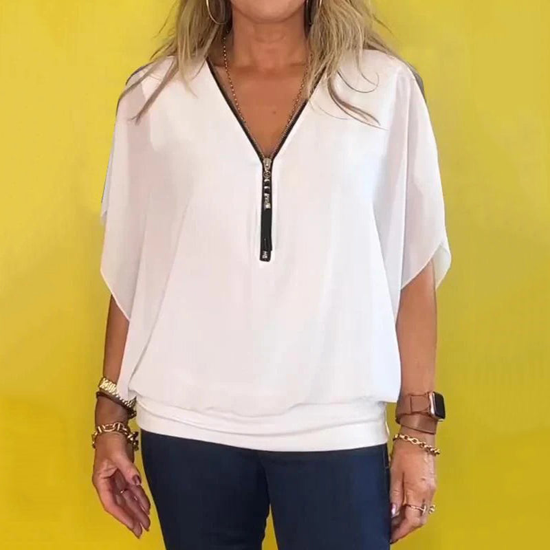 Shauna - Chiffon-Top Im Casual-Stil Mit Reißverschluss Am Ausschnitt