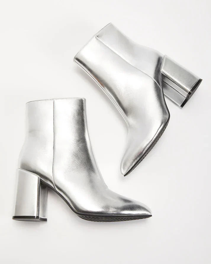 Damen Stiefeletten Metallic Look | Silber Blockabsatz